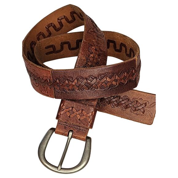 Fossil Unisex Multi Brown Leather Belt sz Small Western X Stitch Patchwork Boho - Picture 1 of 7
